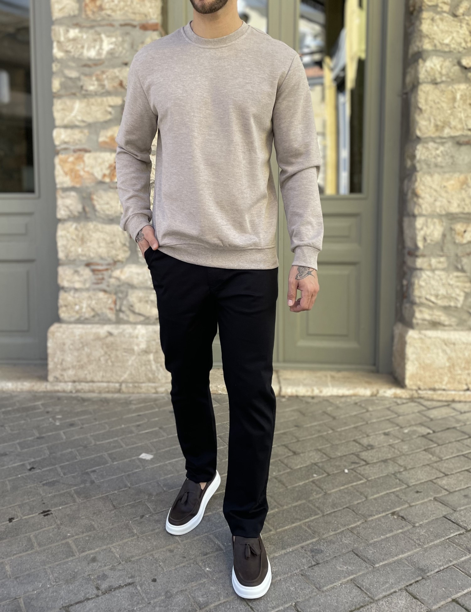 Ανδρική μπεζ πικέ μακρυμάνικη μπλούζα 4403B φωτογραφία